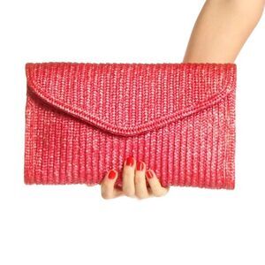 Jennifer Moore Red Raffia Straw Clutch Bag Purse